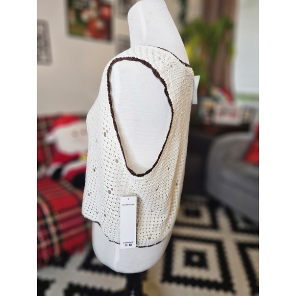 HIPPIE MADDEN GIRL Cream Crochet Vest Womens L Sleeveless Cardigan Hippie - Picture 4 of 6